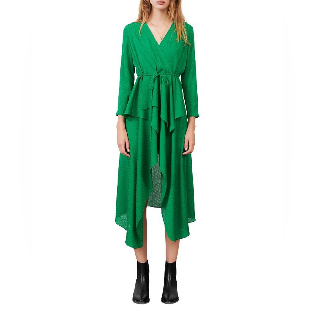 MAJE Ramia Asymmetrical Satin Midi Dress